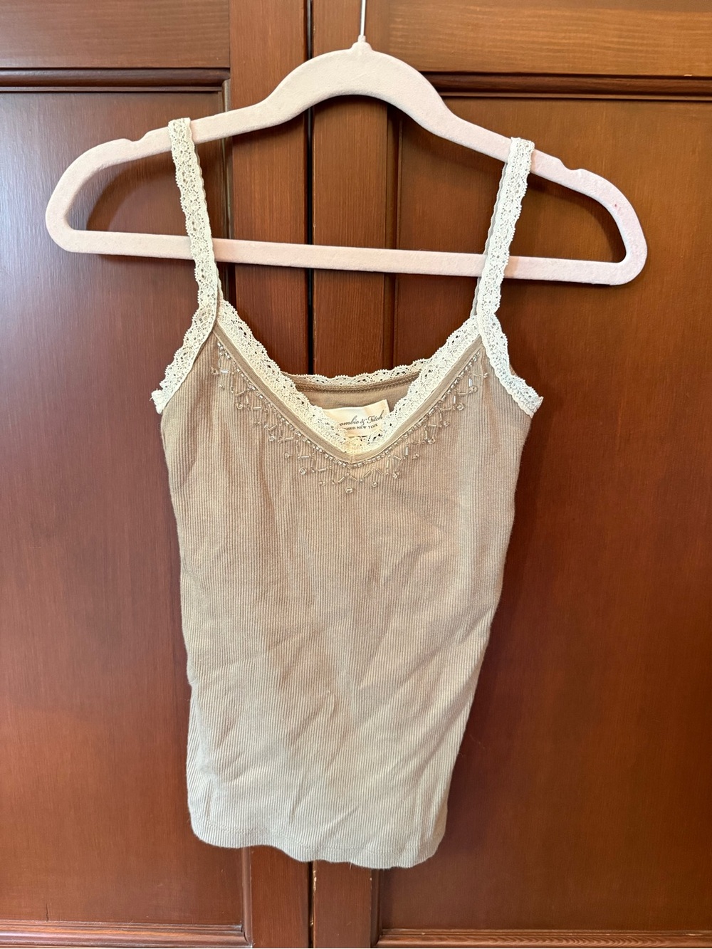 Abercrombie & Fitch Beige Ribbed Lace-Trim Tank Top